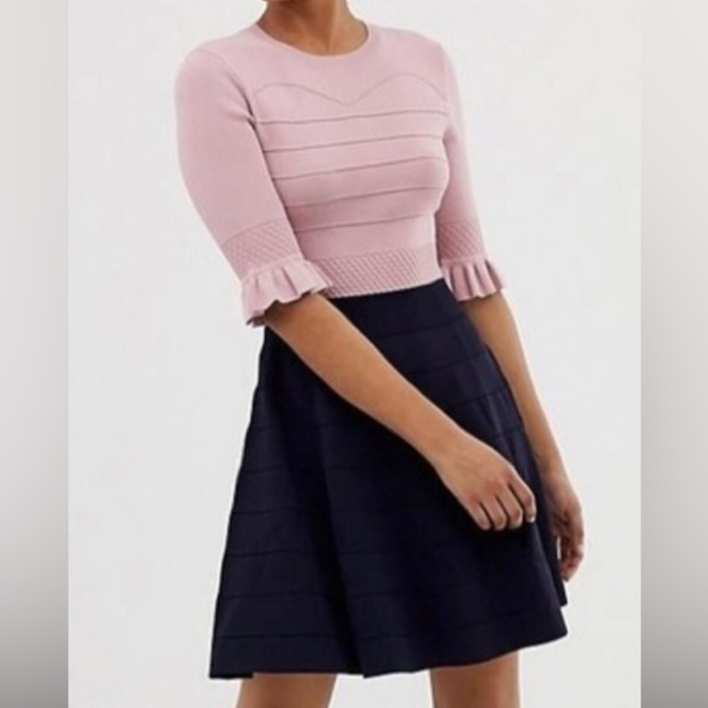 Ted Baker Dyana Frill Skater Dress Fit Flare 3/4 Sleeve Pink Navy Stretch Size S